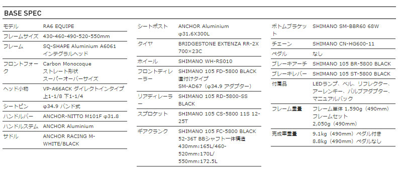 ANCHOR 2015 ROADBIKE RA6 EQUIPE BASE SPEC（アンカー 2015年モデル ロードバイク エキップ 標準 スペック）