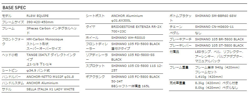 ANCHOR 2015 ROADBIKE RL8W EQUIPE BASE SPEC（アンカー 2015年モデル ロードバイク エキップ 標準 スペック）