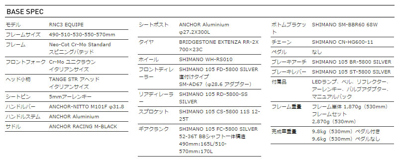 ANCHOR 2015 ROADBIKE RNC3 EQUIPE GEOMETRY（アンカー 2015年モデル ロードバイク エキップ ジオメトリー）