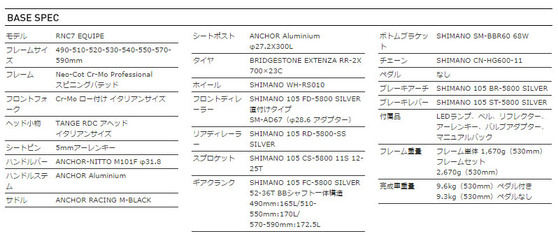 ANCHOR 2015 ROADBIKE RNC7 EQUIPE BASE SPEC（アンカー 2015年モデル ロードバイク エキップ 標準 スペック）