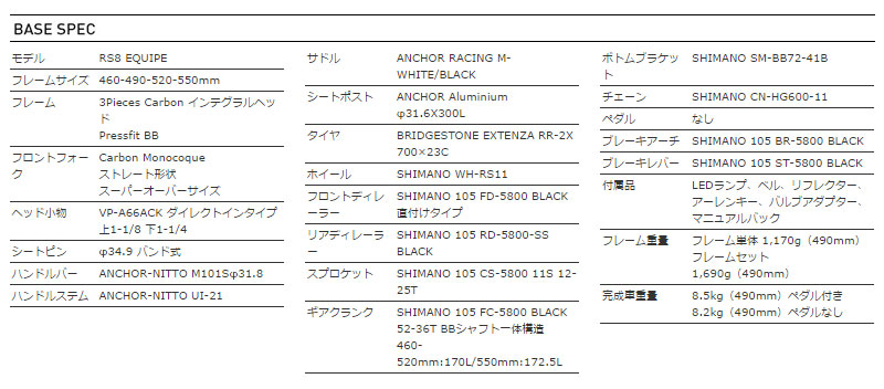 ANCHOR 2015 ROADBIKE RS8 EQUIPE BASE SPEC（アンカー 2015年モデル ロードバイク エキップ 標準 スペック）